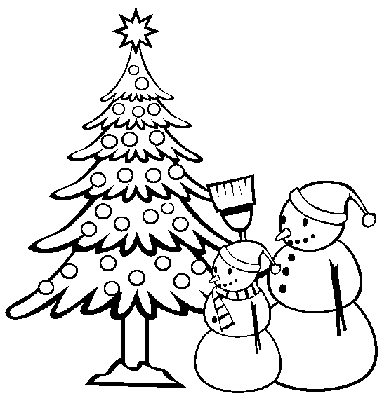 Two snowmen by the Christmas tree coloring page